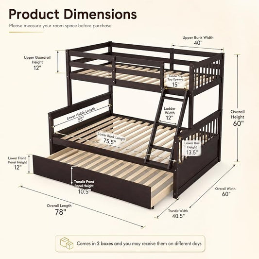 NAFORT Twin Over Full Bunk Bed with Trundle, Solid Wood Bunk Bed Frame, Ladder & Guardrails, Converts to 2 Platform Beds for Kids/Teens/Guests (Espresso, Twin Over Full with Trundle)