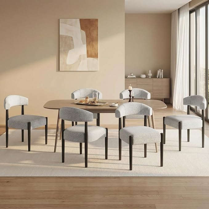 VKNOW Wooden Dining Chairs Set of 4 with Black Legs, Heathered Off-White | Soft Chenille Fabric, Curved Open Back, Thickened Cushion, For Adults and Family, Dining Room, Kitchen, No Wobble