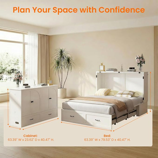 CECER Queen Size Murphy Bed with Storage & Charging Station,Multi-Functional Murphy Cabinet Bed with Mattress Included for Bedroom/Guest Room/Small Space,Easy Assembly -White | Built-in Multi-Port Charging Station & Large Storage Drawer,Sturdy frame & ...