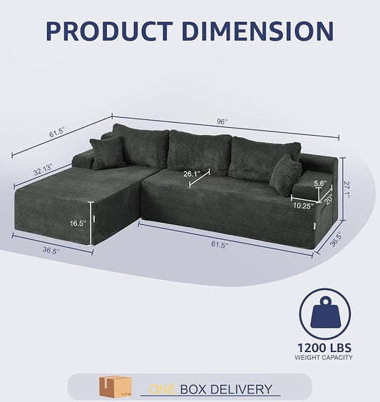 Hobestluk Modular Sectional Sofa Couches L-Shape Couch 3 Seat Modular Sofa Memory Foam Sectional Couches for Living Room, Cloud Couch with Oversized Chaise (Grey Corduroy, 96", Left Hand Facing)