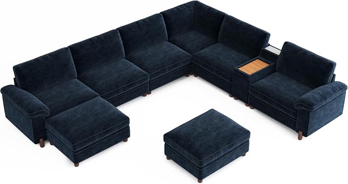 SITJOY Large Cloud Couch, 138" Wide 8 Seat V Shaped with Console, Navy Blue | Detachable and Washable Chenille Cover Sectional Sofas for Living Room, Deep Seat Wide Couch with Chaise, Storage Ottoman