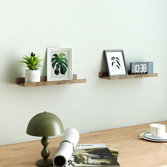 Floating Shelves for Wall Decor, Wall Mounted Wood Storage Shelf for Bedroom, Living Room, Bathroom, Kitchen, Nursery, Rustic Display Picture Ledge Shelf with Lip Set of 2-14 Inches, Brown