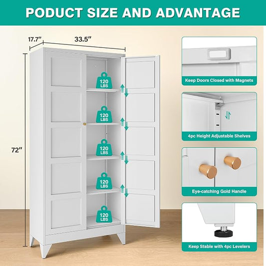 SISESOL Wide & Deep Pantry Storage Cabinet with 2 Doors and 5 Shelves,72 inch Tall Metal Storage Cabinet,Large Cupboard,White Cabinets for Home,Kitchen,Bathroom,Dining/Living Room