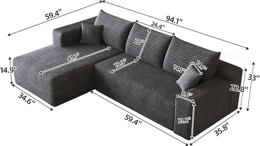 JINGLING 94" L Shape Couch with Left Chaise, Memory Foam Boneless Sectional Sofa in a Box, No Assembly Modular Small Couches for Small Spaces, Living Room, Apartments, Plush Corduroy, Dark Grey