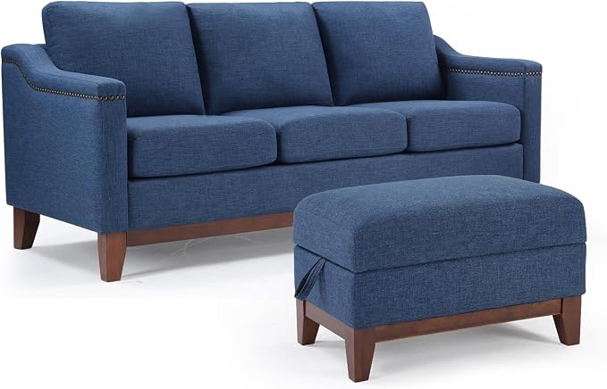 HAOMARKETS 2 Piece Fabric Sofa Set with Nailhead Trim, Included 3-Seater Sofa Couches with Thicked Cushion and Upholstered Storage Ottoman with Flip-Top Table, Living Room Furniture Set,Blue