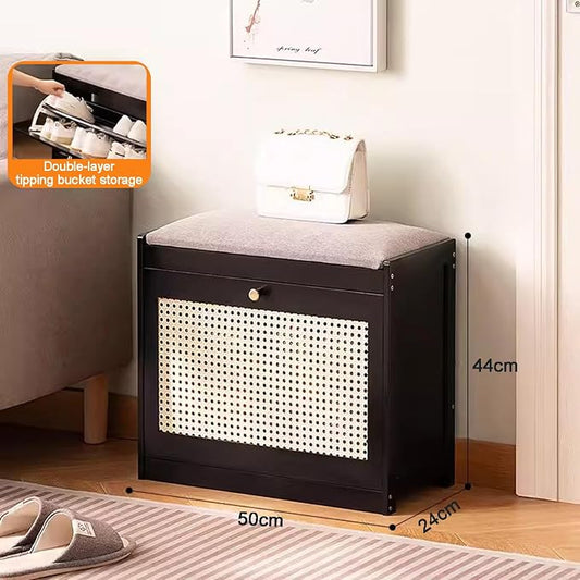 Entryway Storage Bench with Cushioned Seat Shoe Rack, 2-Tier Wooden Shoe Organizer Cabinet for Closet, Entryway, Hallway, Bedroom (Black-50 x 24 x 44 cm