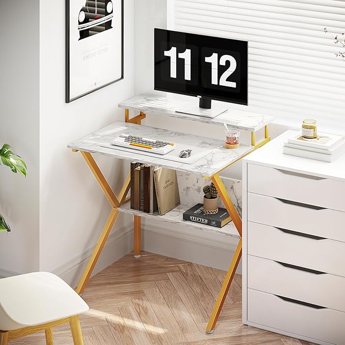 ODK Small Desk, 27.5 Inch Computer Desk for Small Spaces, Study Desk with Storage & Monitor Stand, White Marble + Gold Leg