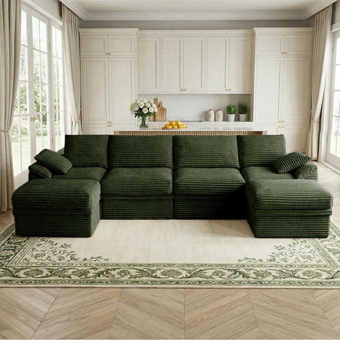 142" Modular U-Shaped Sectional Sofa with Storage, 4-Seat Corduroy Boneless Couch, 27" Deep Seat Cloud Couch & 2 Movable Ottoman, Tool-Free Assembly, Couch for Living Room, Green