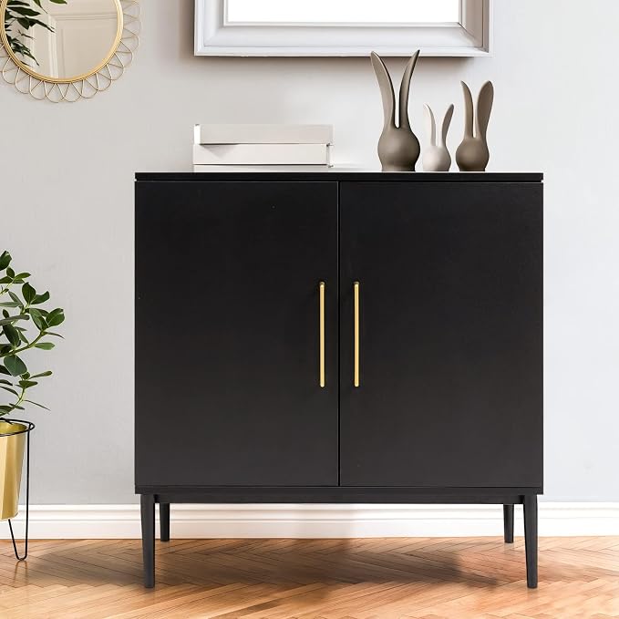 Black Storage Cabinet with Doors, Modern Accent Cabinet, Free Standing Cabinet with Adjustable Shelf, Wooden Buffet Sideboards for Living Room, Kitchen, Dining Room, Entryway