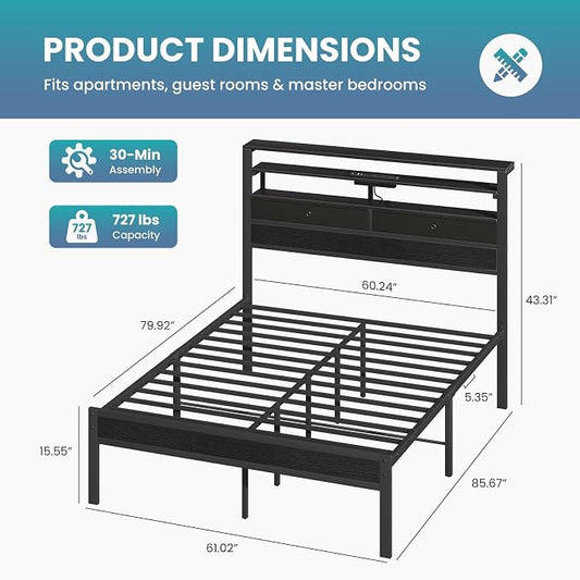 Sweetcrispy Bed Frame Queen Size with LED Lights and Charging Station, Sturdy Platform Beds Frame with Storage Drawers, 3-Tier Shelves and Under Bed Storage, No Box Spring Needed, Black