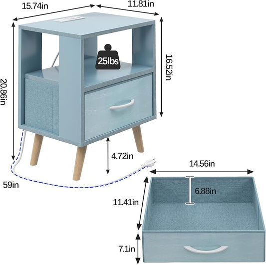 Aenuert Night Stand with Charging Station, Blue Nightstand with Drawer, 2-Tier Wooden Bedside Table with USB Ports and Outlets, End Table for Small Space, Living Room, Bedroom
