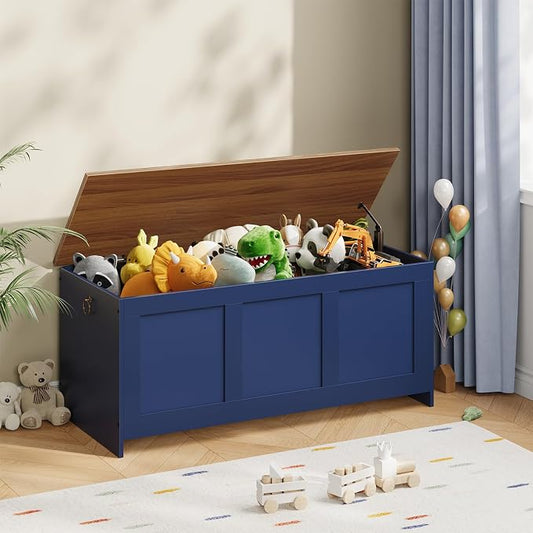 HOOBRO Storage Bench, 39.3" Retro Wooden Storage Chest, Wooden Storage Trunk, Toy Chest with Lift Top, Multifunctional Entryway Organizer, for Entryway, Living Room, Blue and Walnut UH141CW01G1