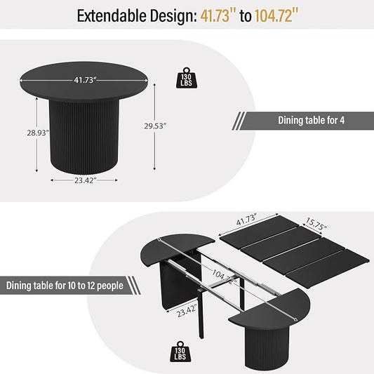 weselon 42"-105" Extendable Dining Table for 4-12, Expandable Oval Dining Room Table with Fluted Pedestal Base & Reinforced Metal Support Leg, Large Modern Kitchen Table for Dining Room (Black)