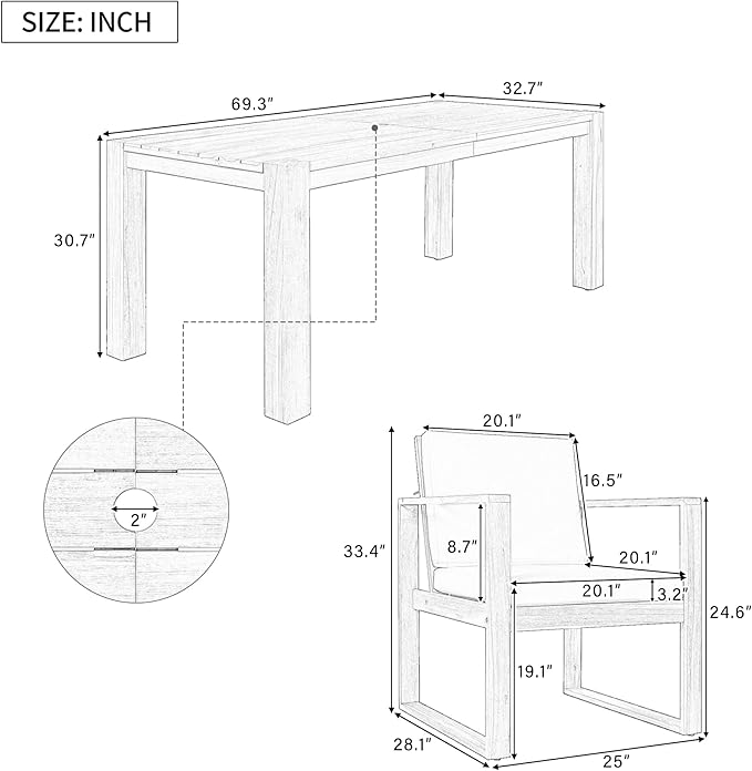 Patio Table and Chairs Set, Outdoor Dining Set for 6 with Umbrella Hole, 7 Piece Outdoor Patio Furniture Set Wood Frame with Removable Cushion for Garden, Backyard