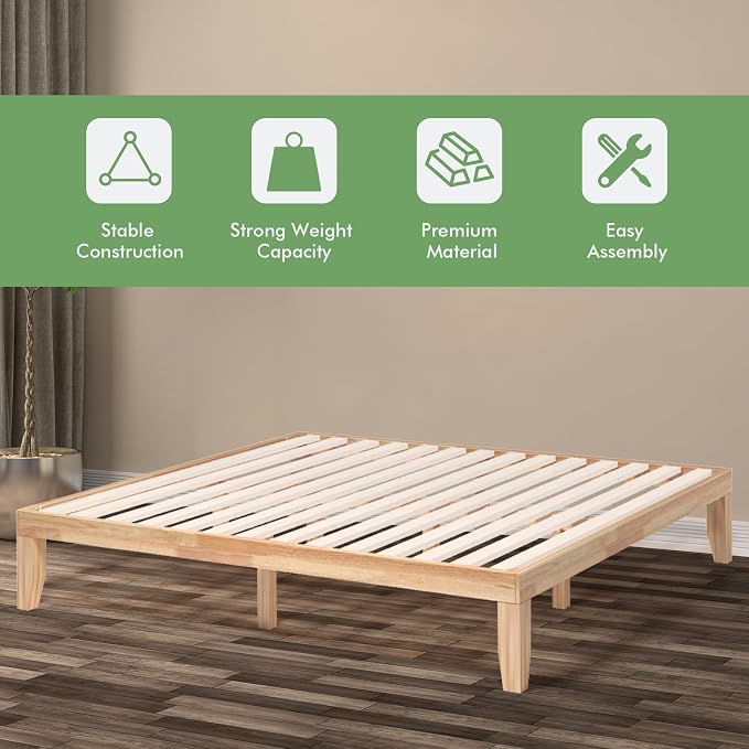 COSTWAY King Size Platform Bed Frame, 14 Inches Solid Rubber Wood Bed Mattress Foundation with Sturdy Slats Support, Easy Assembly Bed Frame for Home Hotel, No Box Spring Needed (Natural, King)
