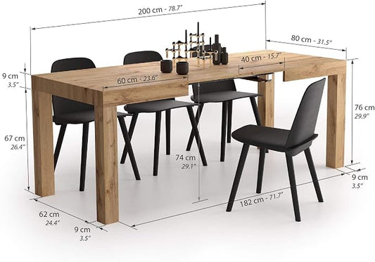 Mobili Fiver First Extendable Dining Table, 47.2 to 78.7 Inches, Seats 6 to 8, Rustic Oak