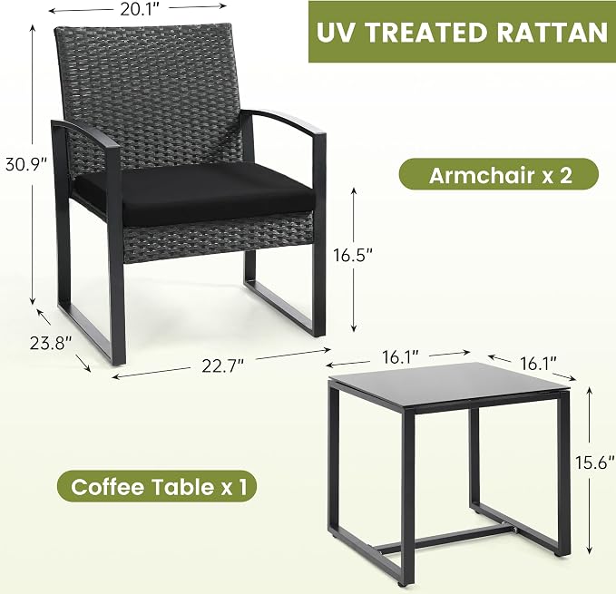 Murago 3-Piece Patio Bistro Set - Outdoor Rattan Conversation Chair Set with Glass Coffee Table & Cushions - Perfect for Balcony, Porch, Garden, Poolside, Black/Black
