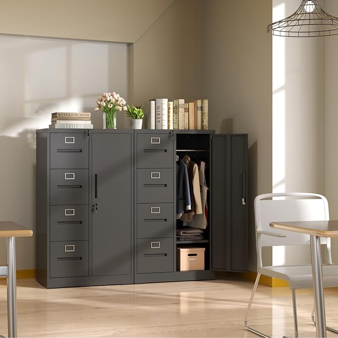 IKIMI 4 Drawer Black File Cabinet with 1 Door,Metal Storage Locker Cabinets for Employees,Home Office Lockable Steel Filing Cabinets for Legal/Letter Size Files, Assembly Required