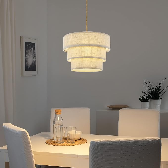 XININSUN 3-Tier Drum Linen Plug in Pendant Light with15ft Hemp Rope Cord E26 Dimmer Switch Hanging Lights Fixture Plug in Chandelier for Kitchen Island Dining Room Entryway Hallway-1Pack