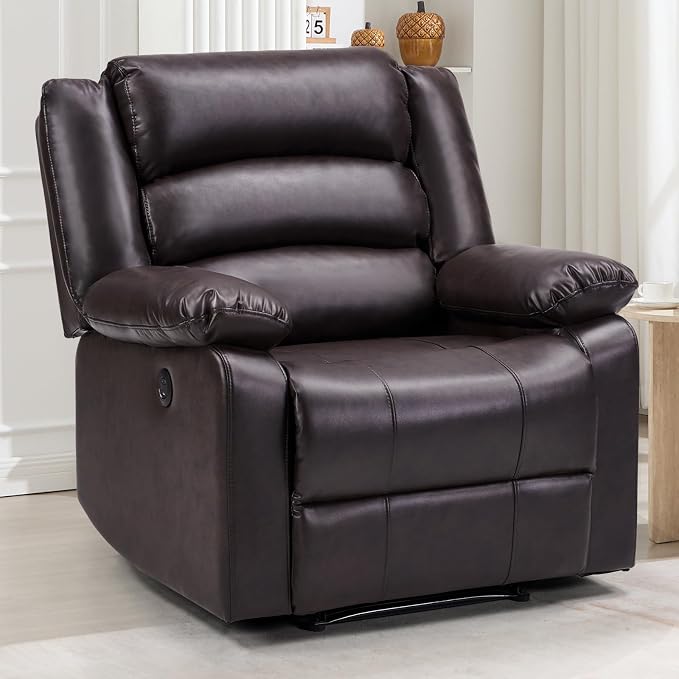 EBELLO Faux Leather Classic Power Recliner Chair, Oversized Electric Overstuffed Reclining Chair with Soft Cushion and Back, Sofa with Comfortable Armchair, Classic Brown