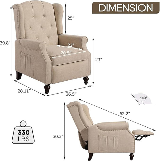 Wingback Recliner Chair with Massage and Heat Tufted Fabric Push Back Arm Chair, Recliner Chair for Living Room Bedroom Home Theater (1,Beige)