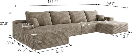 135" U Shaped Sectional Couch with Ottoman, Large Sectional Couches for Living Room, Plush Corduroy Convertible Sleeper Sofa, Compressed Foam Sofa in a Box No Assembly, Left Facing Chaise, Camel
