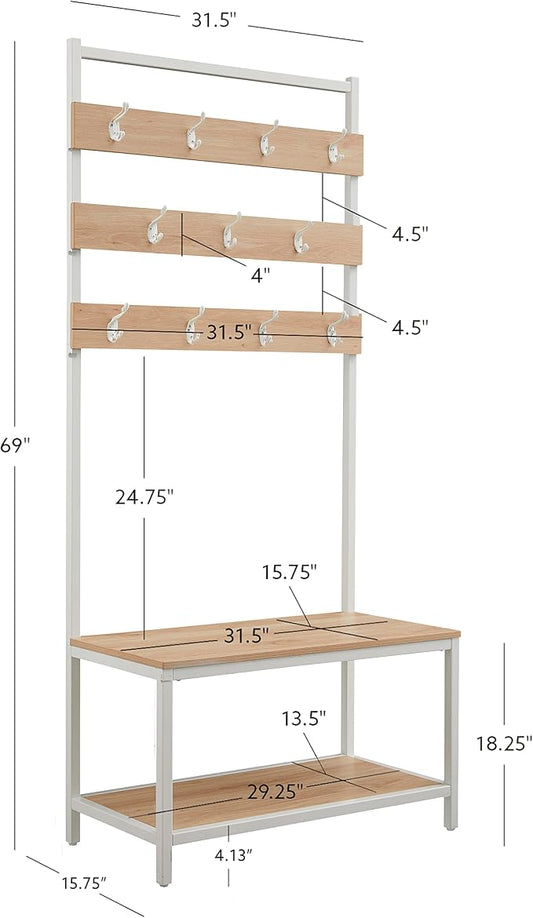 Linon Shaymus White Metal Hall Tree with Natural Wooden Topped Bench and Shelf with Multiple Hanging Hooks