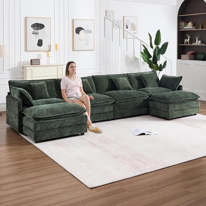 147" Modular Sectional Sofa, Oversized U Shaped Sectionals Cloud Couch, Big Comfy Couch with 2 Ottomans, 6 Seater Chenille Sectional Sofa with Deep Seat and 6 Pillows for Living Room- Green