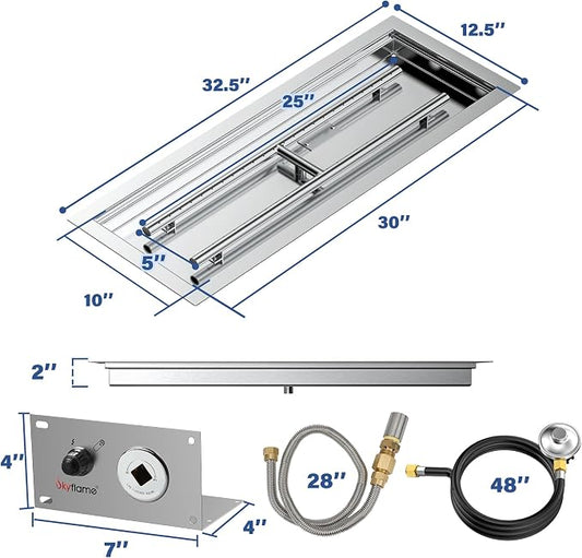 Skyflame 30 x 10 Inch Rectangular Fire Pit Pan Kit, Stainless Steel Drop-in Pan and Burner, Come with Spark Ignition and Propane Hose, Indoor/Outdoor Fire Pit, Fire Table DIY Decorative