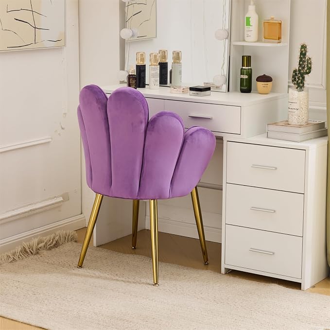 VINGLI Petal Makeup Vanity Chair with Back,Flower Cute Girls Desk Chair Comfy No Wheels,Modern Dining Chair,Small Accent Chair with Adustable Gold Legs&Bow Pillow for Home Office,Bedroom,Velvet,Purple