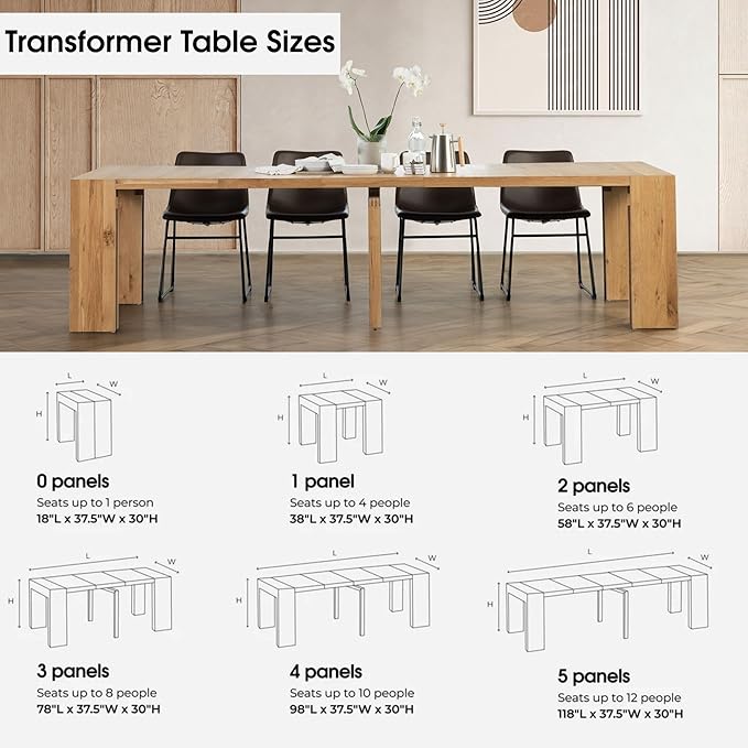 Transformer Table - Solid Wood Extendable Dining Table, Seats 2-12, Expandable Dining Room Table, Space-Saving Furniture, Kitchen and Dining Room Furniture (Natural, Table + Bench + Coffee Table)