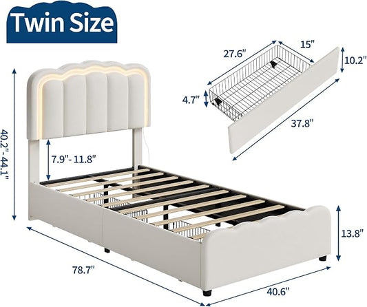 Garvee Twin Size Bed Frame with 2 Storage Drawers and LED Lights, Upholstered Platform Twin Bed with Adjustable Headboard, Wooden Slats Support, No Box Spring Needed, Easy Assembly, White