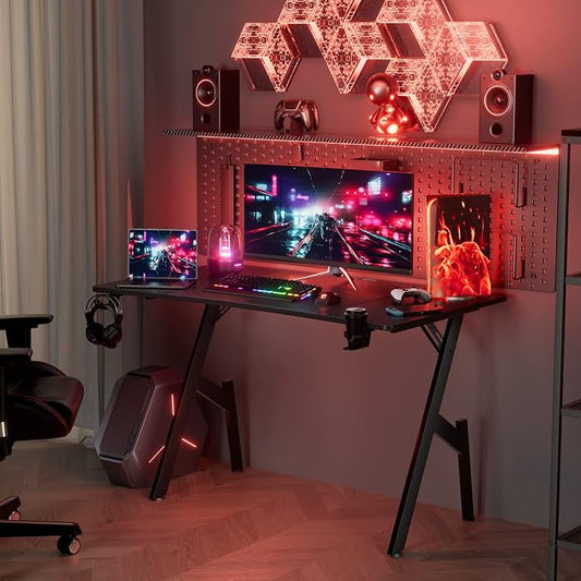 HLDIRECT 55 Inch Gaming Desk, Large Computer Desk Gaming Table with Cable Management, Ergonomic Carbon Fiber Gamer Table Pc Work Home Office Desks with Cup Holder & Headphone Hook & Mouse Pad, Black