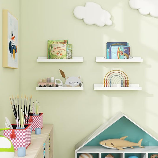 Axeman White Picture Ledge Shelf Set of 4, 16'' Floating Shelves with Lip | Rustic White Wood Wall Shelves with Ledge for Photos Nursery Books Records Artworks Decors