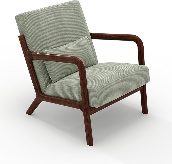 Garvee Mid-Century Modern Accent Chair, Wide-Wale Corduroy Upholstery, Solid Wood Armchair with Removable Lumbar Pillow, Sturdy Reading Chair for Living Room, Bedroom, Guest Room, Easy Assembly, Green