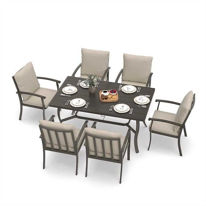 HAPPATIO 7 Piece Patio Dining Set, Aluminum Outdoor Dining Set for 6, Aluminum Dining Table and Chairs Set, Patio Furniture with Table, Chairs and Washable Cushions (Black)