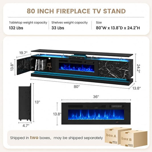 80" Fireplace TV Stand, Modern Entertainment Center for TVs Up to 90", TV Console with Storage Cabinets, Media Console for Living Room, Marble Black TV Stand and Black Fireplace