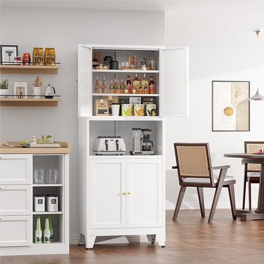 COFaR 69" Tall Modern Kitchen Pantry,Metal Storage Cabinet with Shelves & Glass Doors for Display,Pantry Storage Cabinet,Freestanding Cupboard for Kitchen,Dining Room,Living Room,Bathroom,White