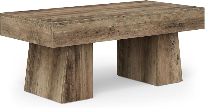 LITTLE TREE Farmhouse Coffee Table, 47 Inches Wooden Rectangular Accent Center Tables with Thick Base, Modern Low Cocktail Tea Furniture for Living Room (Rustic Brown)