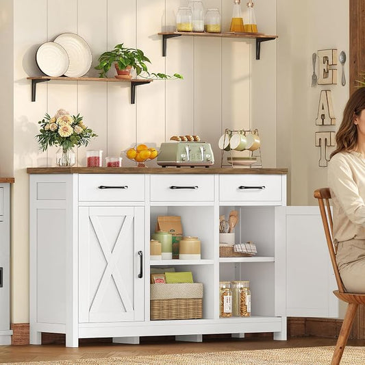 TEENFON Storage Cabinet, Coffee Bar Cabinet with 3 Drawers, 2 Adjustable Shelves & 2 Doors, Buffet Cabinet, Kitchen Cabinet for Kitchen, Dining Room, Living Room, White