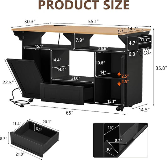 Einhomn 65" Kitchen Island with Power Outlet & Drop Leaf, Island Table for Kitchen with Trash Can Storage, Mobile Rolling Kitchen Islands on Wheels with Spice Rack, Towel Rack & 4 Side Hooks, Black