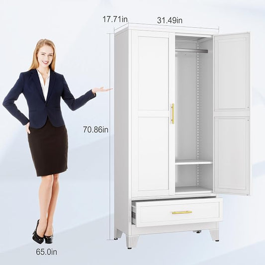 erosoei 71" H Metal Tall Armoire Wardrobe Closet with Drawer,Household Steel Wardrobe Closet Cabinet with Drawers,Clothing Storage Wardrobe Cabinet with Adjustable Shelves and Hanging Rod for Bedroom