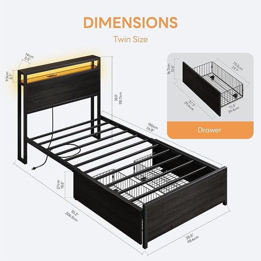 LIKIMIO Twin Bed Frame, DIY Storage Drawer Layout, Headboard with 2-Tier Shelves & Charging Station & LED Light, Suitable for Teen Rooms, Small Apartments & Bedrooms, Black