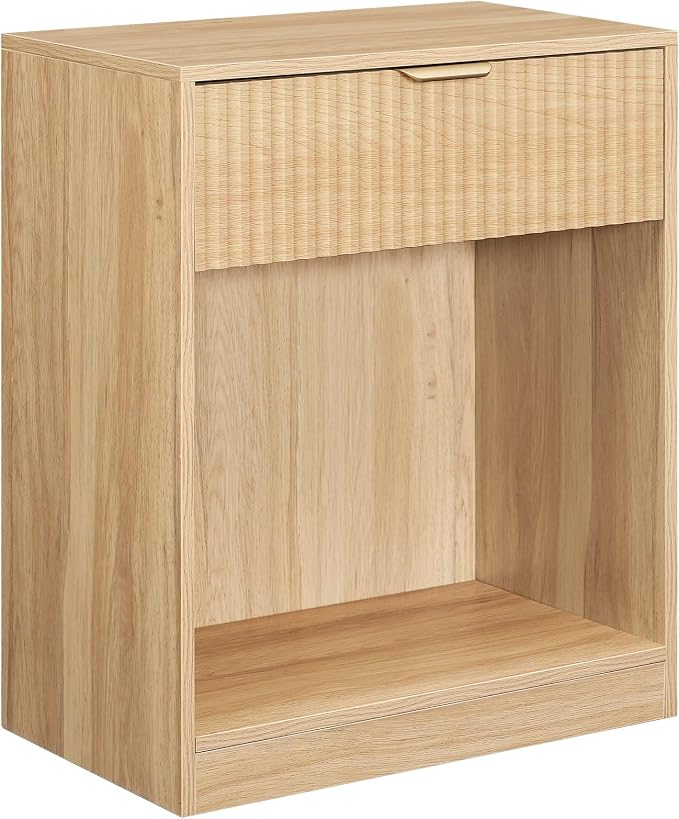 HOOBRO Fluted Nightstand, Modern Bedside Table with 1 Drawer and 1 Open Compartment, Wooden End Table with Metal Handle, for Bedroom and Office, Natural NL208BZ01