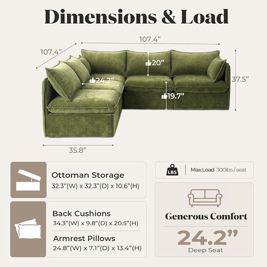 Cloud Modular Corner Sectional, Oversized Deep Seat Comfort, Luxe Chenille | Fully Removable Washable Covers, Memory Foam Seat Cushions, Premium Fabric