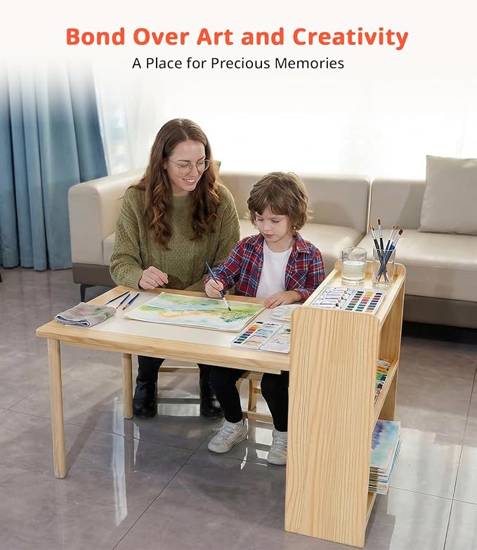 JOIN&JOY Kids Art Table and 2 Chair Set, Multifunctional Craft Table with Storage Shelves, Toddler Activity for Creativity, Drawing, Learning & Playtime