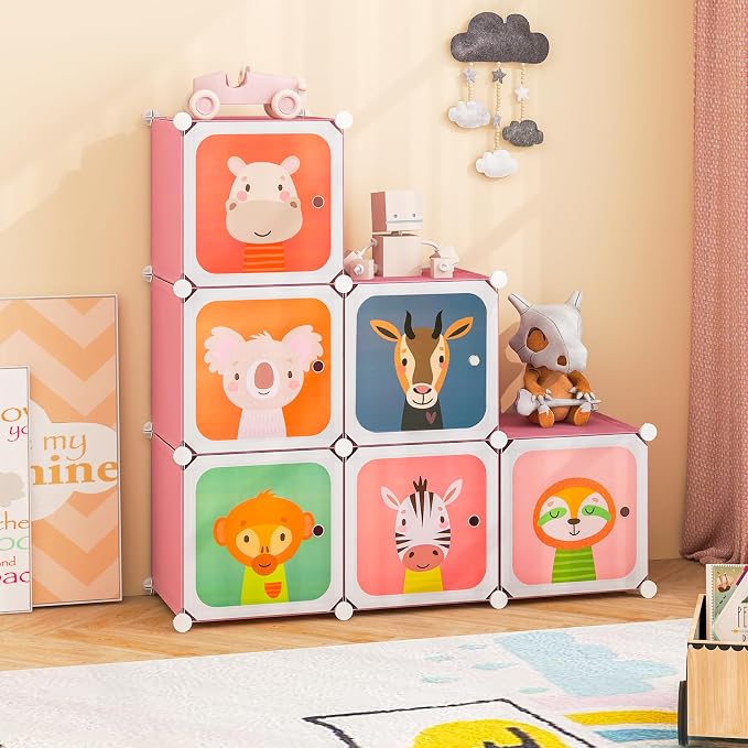 HONEY JOY Kids Wardrobe Closet, Baby Cartoon Clothes Storage Organizer, 8 Cubes & 2 Hanging Sections, Portable Children DIY Modular Bedroom Armoire Dresser Cabinet for Boys Girls (Pink, 8-Cube)
