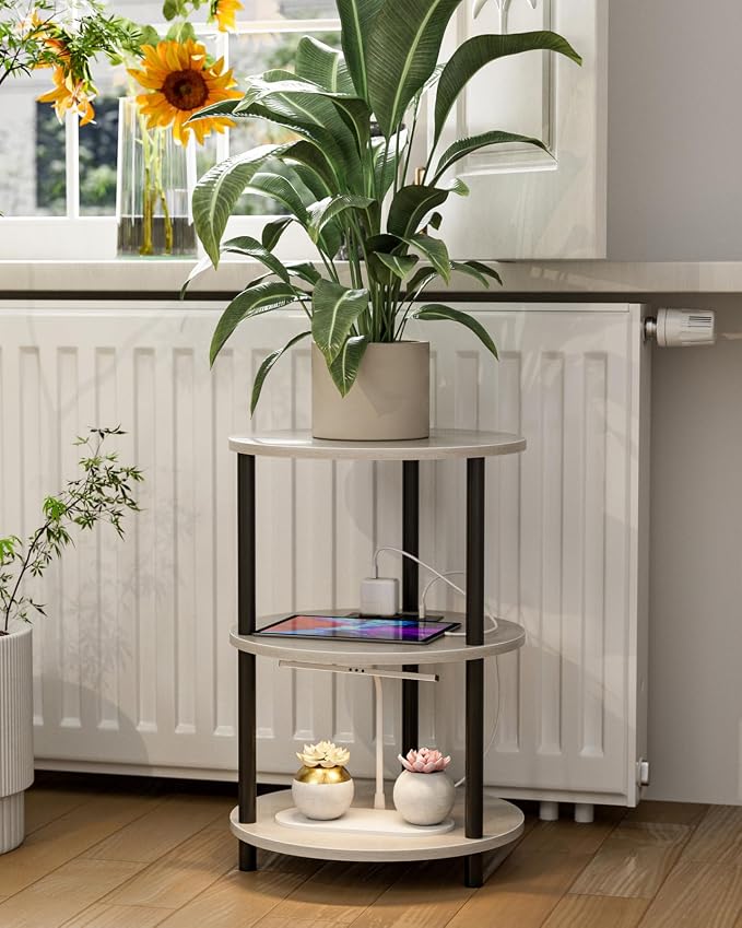 XBurmo Small Round End Table - 3 Tier Design Accent Table, Narrow Side or Bedside Stand, Industrial Vintage Table for Small Spaces, Built-in USB Ports and Power Outlet, Greige