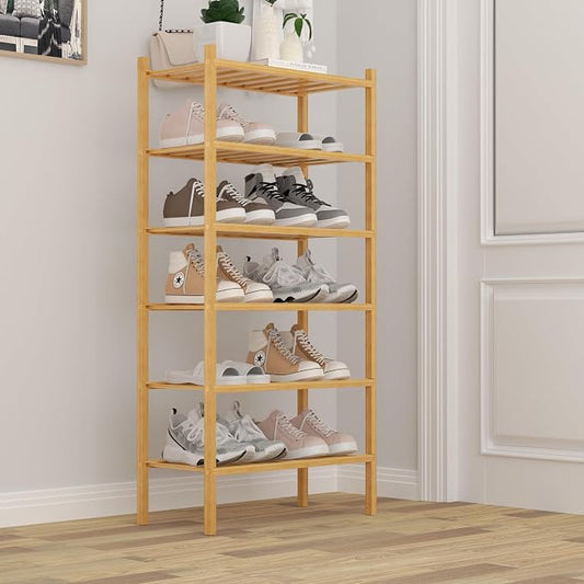 ROMGUAR CRAFT 6-Tier Bamboo Small Shoe Rack, Free Standing Wood Shoe Shelf Storage Organizer for Closet Entryway Stackable (Natural)
