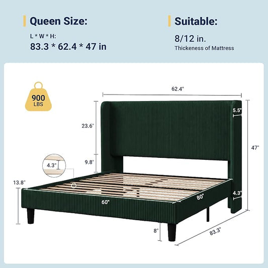 Allewie Queen Size Bed Frame with Upholstered Wingback Headboard, Vertical Channel Tufted Corduroy Velvet Platform Bed, Strong Wooden Slats Support, No Box Spring Needed, Easy Assembly, Dark Green